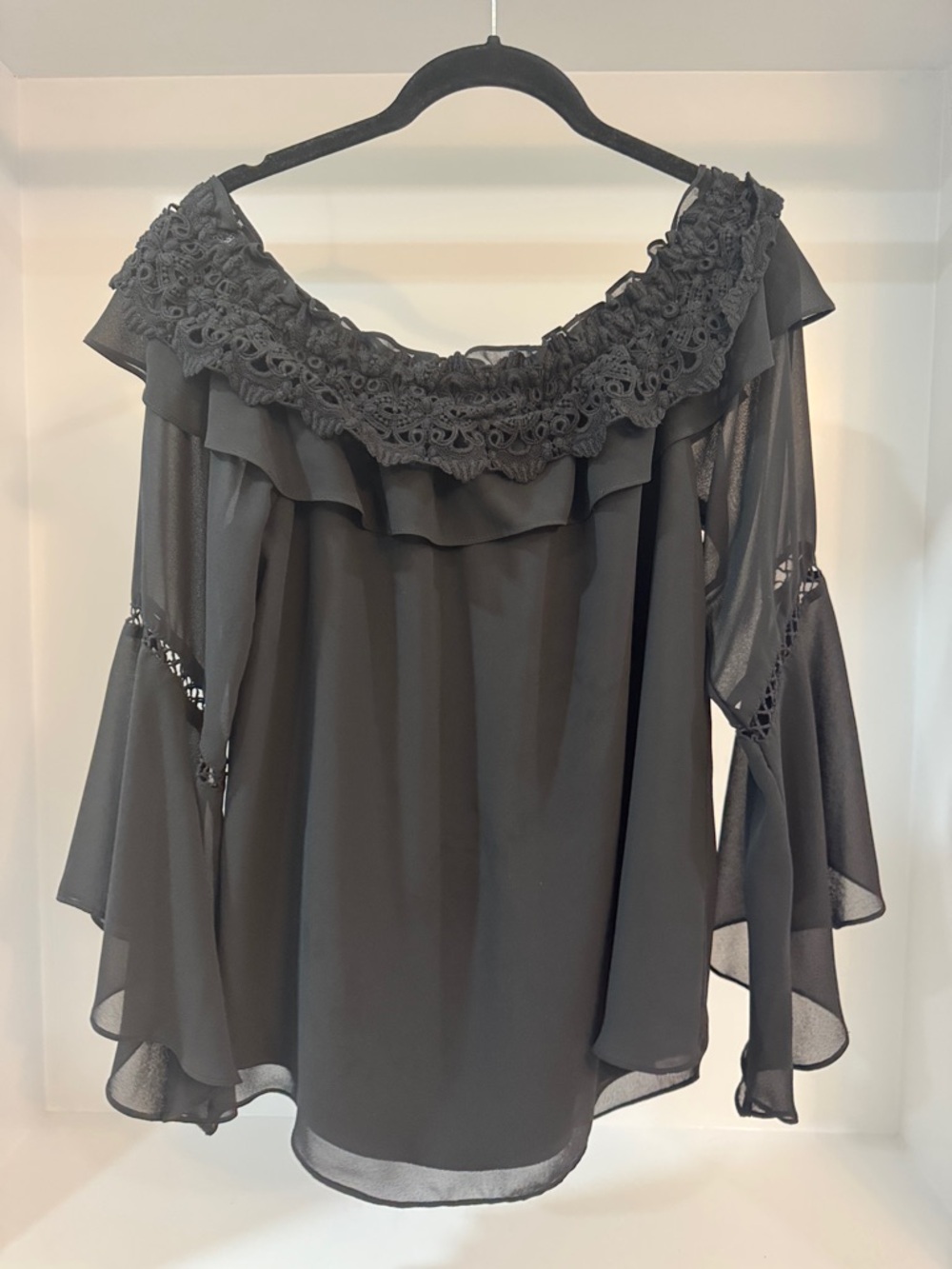 White House Black Market Black Crochet Off-Shoulder Ruffle Blouse